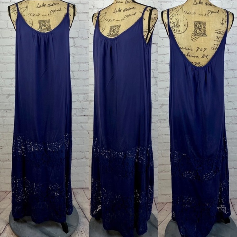 Zanzea Navy Blue Low Scoop Back Lace Trim Maxi